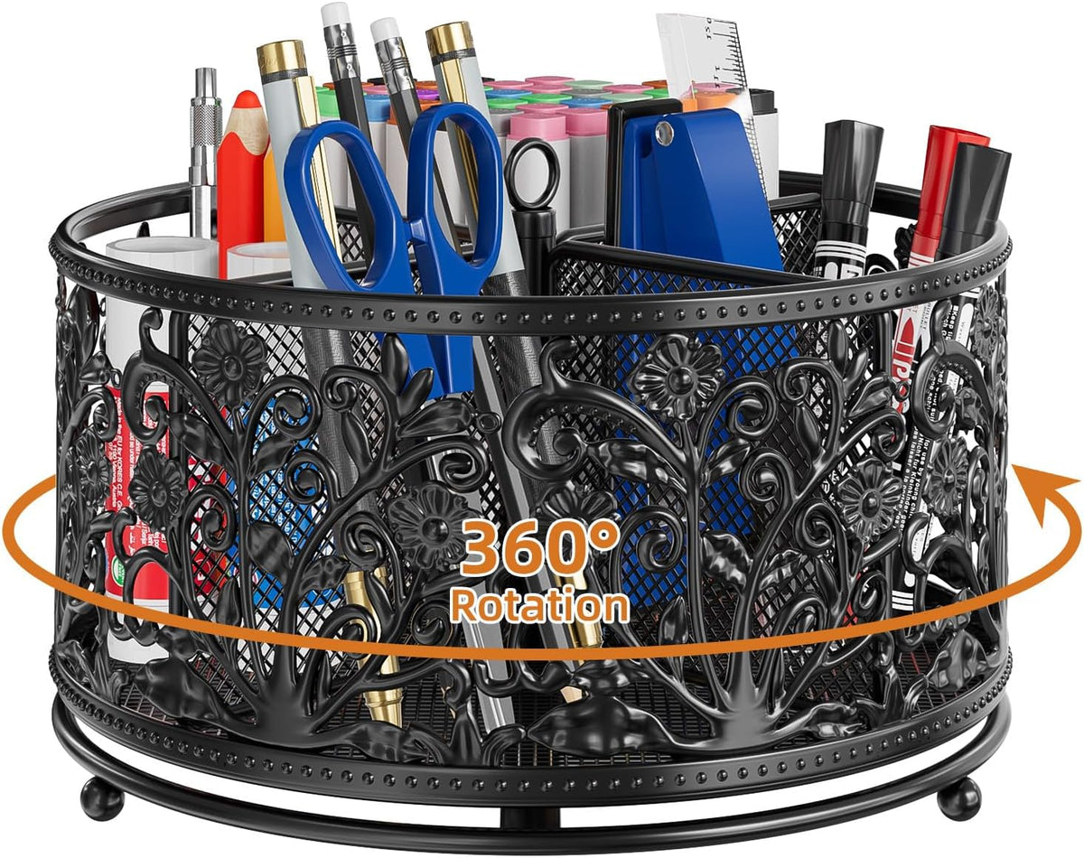 Rotating Mesh Desk Organizer - 4 Slots Cute Pen Pencil Holder Caddy