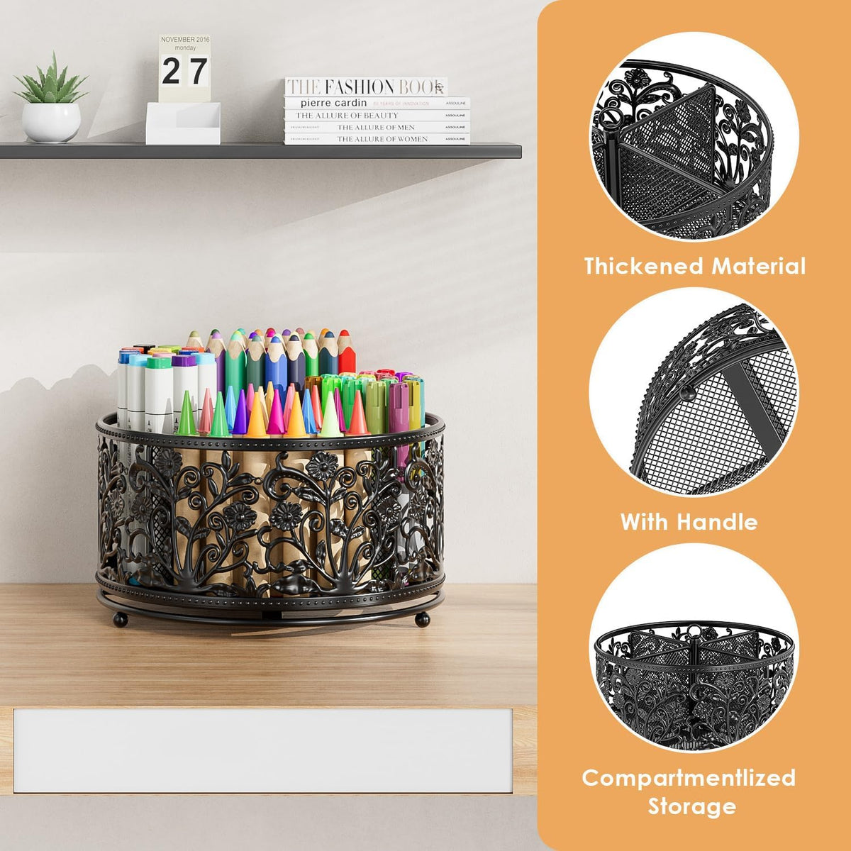 Rotating Mesh Desk Organizer - 4 Slots Cute Pen Pencil Holder Caddy