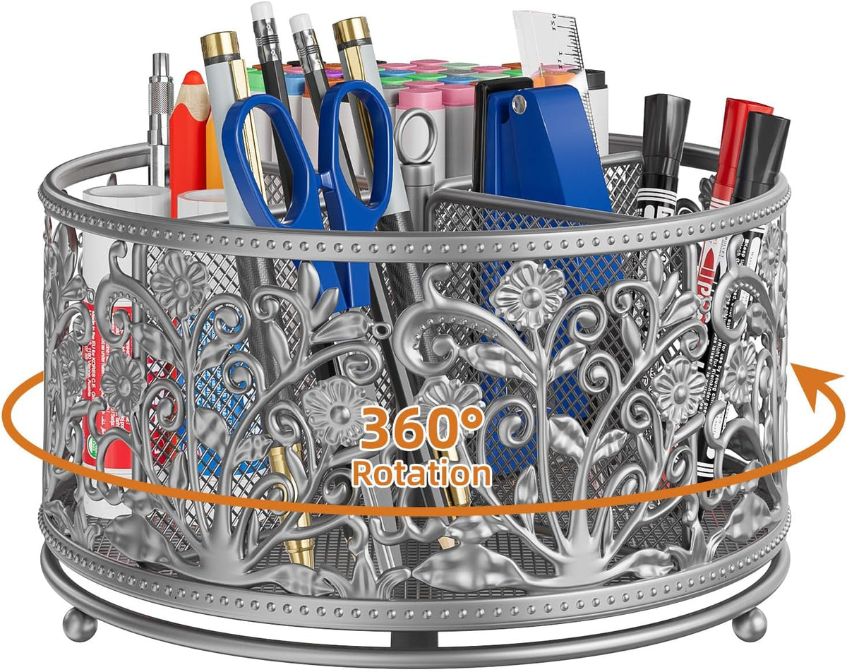 Rotating Mesh Desk Organizer - 4 Slots Cute Pen Pencil Holder Caddy