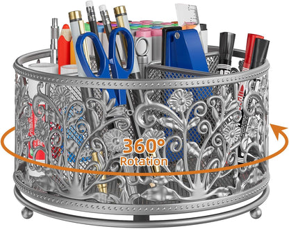 Rotating Mesh Desk Organizer - 4 Slots Cute Pen Pencil Holder Caddy