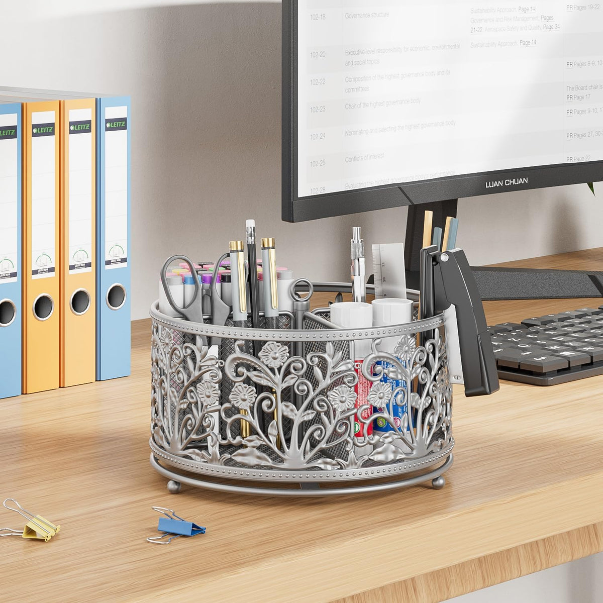 Rotating Mesh Desk Organizer - 4 Slots Cute Pen Pencil Holder Caddy