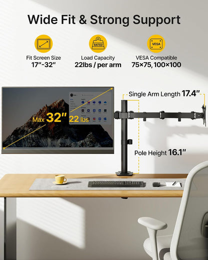Heavy-Duty Dual Monitor Stand for 17-32", 22 lbs Each