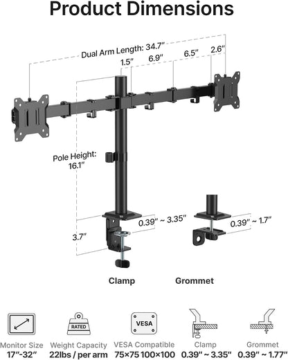 Heavy-Duty Dual Monitor Stand for 17-32", 22 lbs Each
