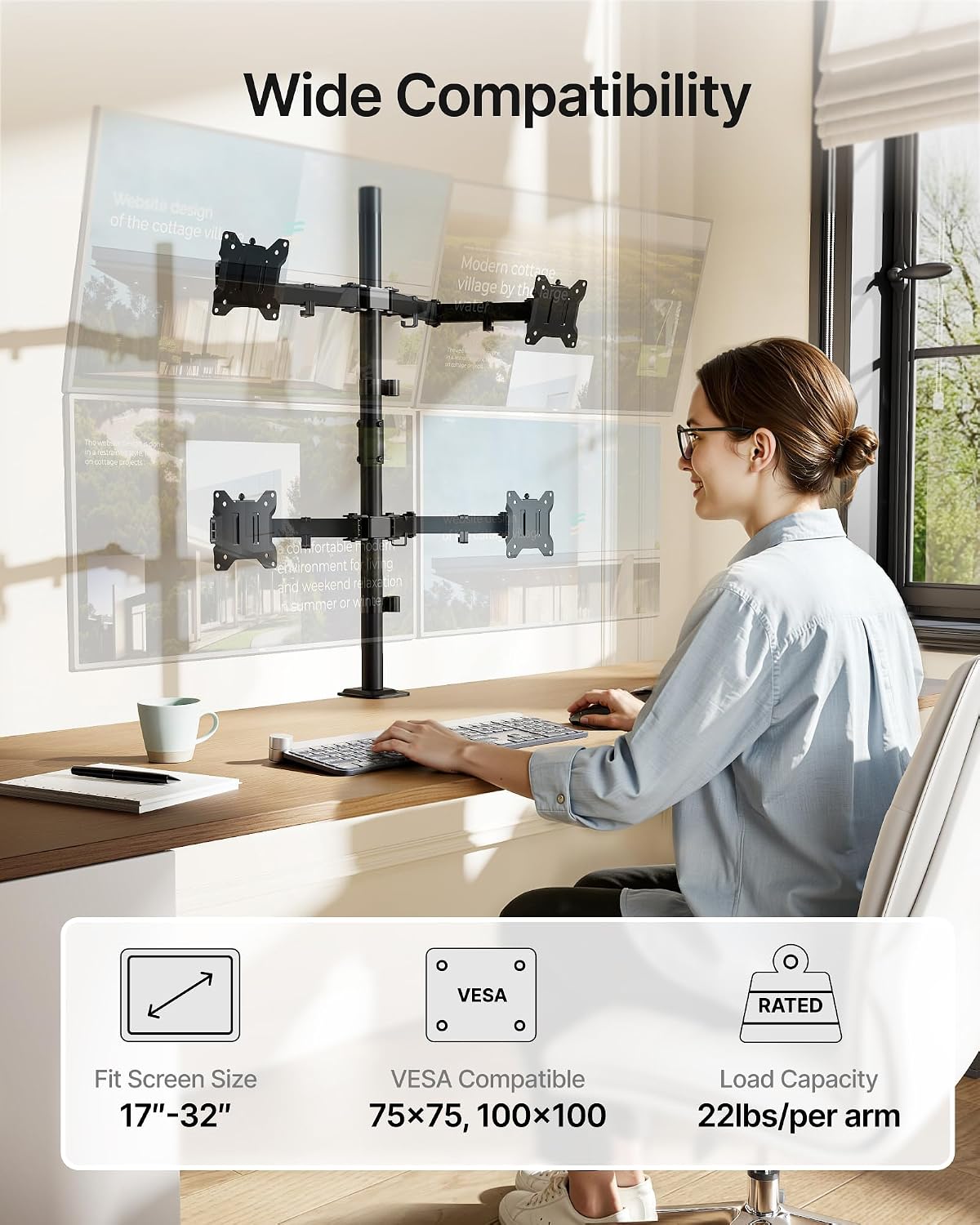 Heavy-Duty Dual Monitor Stand for 17-32", 22 lbs Each