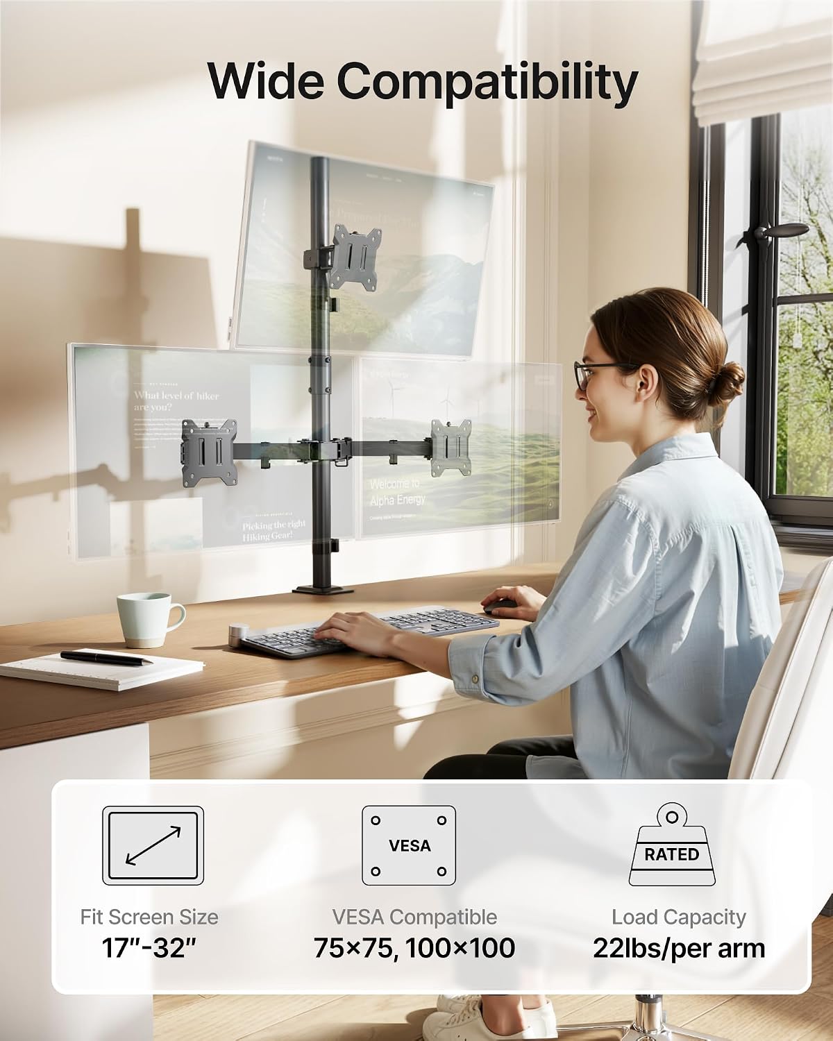 Heavy-Duty Dual Monitor Stand for 17-32", 22 lbs Each