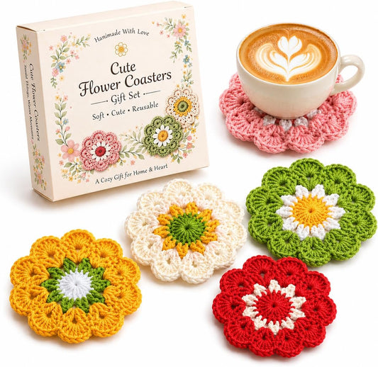 Stocking Stuffers for Women,Coasters for Drinks Set of 5, Cute Flower Crochet Coasters for Coffee Table and Desk, Aesthetic Home Decor Accessories, Christmas Home Gifts for Women