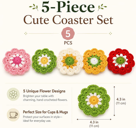 Stocking Stuffers for Women,Coasters for Drinks Set of 5, Cute Flower Crochet Coasters for Coffee Table and Desk, Aesthetic Home Decor Accessories, Christmas Home Gifts for Women