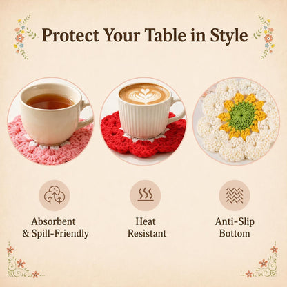 Stocking Stuffers for Women,Coasters for Drinks Set of 5, Cute Flower Crochet Coasters for Coffee Table and Desk, Aesthetic Home Decor Accessories, Christmas Home Gifts for Women