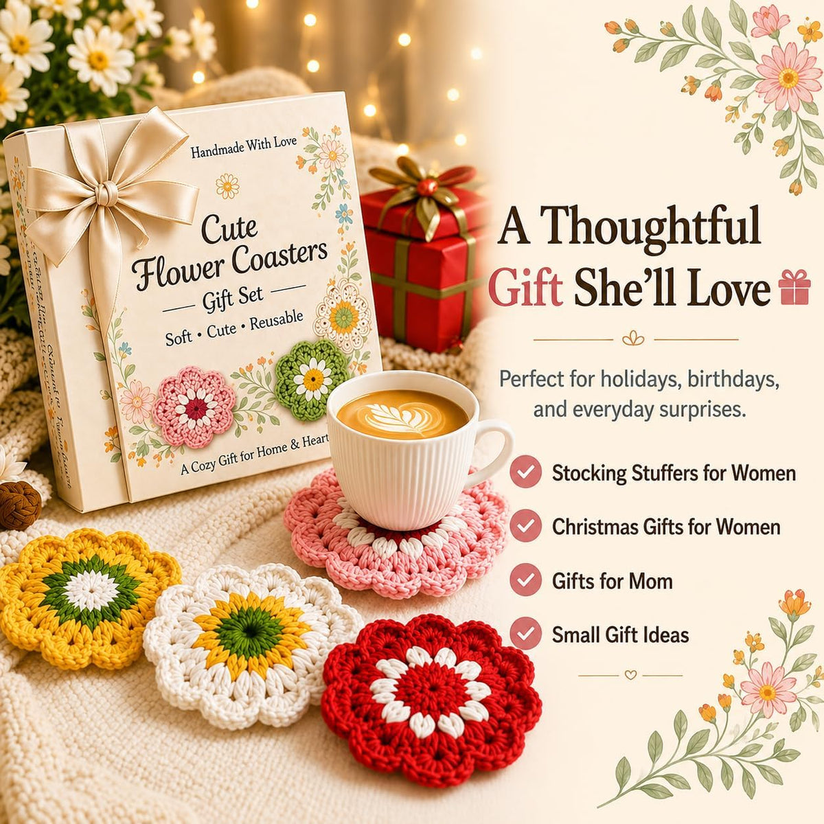 Stocking Stuffers for Women,Coasters for Drinks Set of 5, Cute Flower Crochet Coasters for Coffee Table and Desk, Aesthetic Home Decor Accessories, Christmas Home Gifts for Women