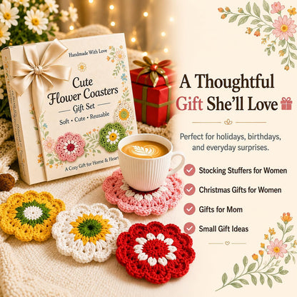 Stocking Stuffers for Women,Coasters for Drinks Set of 5, Cute Flower Crochet Coasters for Coffee Table and Desk, Aesthetic Home Decor Accessories, Christmas Home Gifts for Women