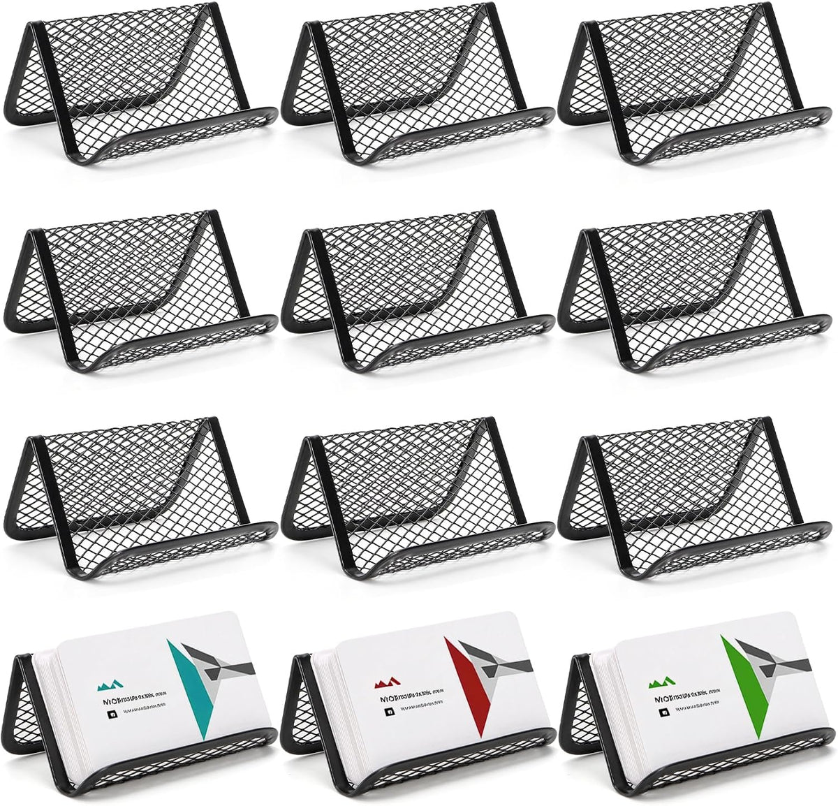 12 Pack Business Card Holder for Desk, Metal Mesh Business Card Stand Desktop Display Rack, Black Business Card Organizer Holds up to 50 Name Cards for Office