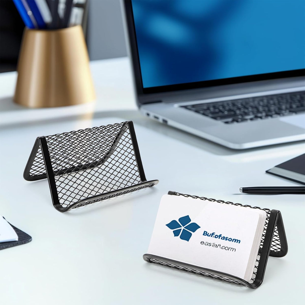 12 Pack Business Card Holder for Desk, Metal Mesh Business Card Stand Desktop Display Rack, Black Business Card Organizer Holds up to 50 Name Cards for Office