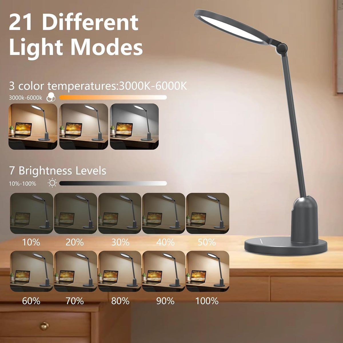 Kitloo Desk Lamps for Home Office with Stable Base, 1000LM Ultra Bright Eye-Caring Desk Light, 3000K-6000K Dimmable Table Lamp with Stepless Dimming & Timing Function for Work, Reading, Bedroom