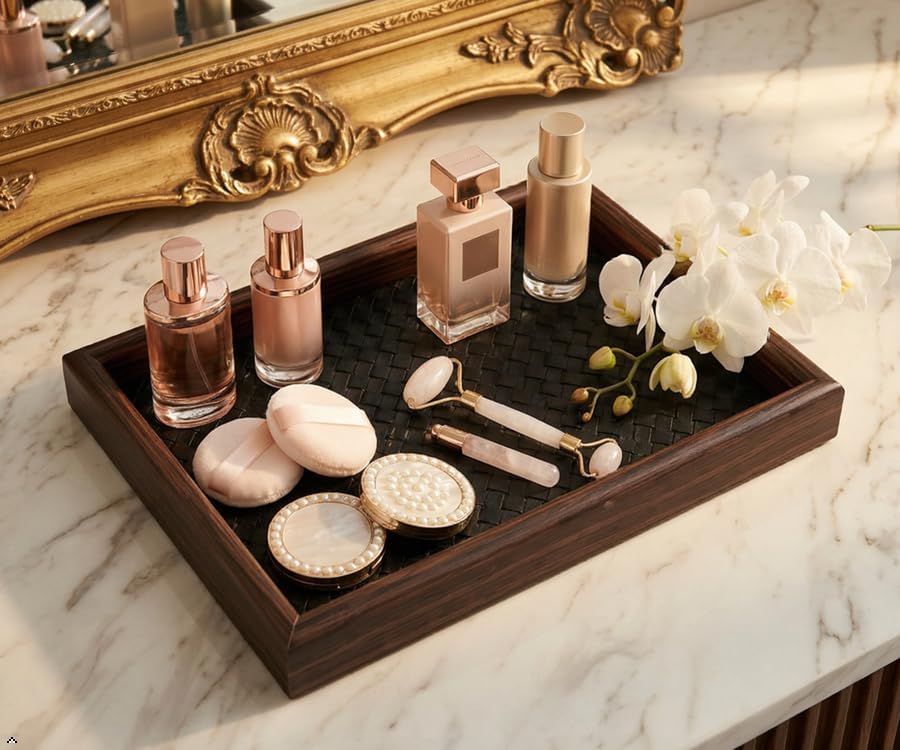Wooden Valet Tray with Leather Base - EDC Catchall Tray for Men