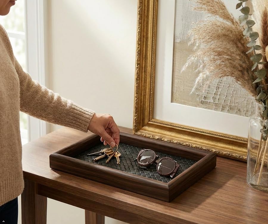 Wooden Valet Tray with Leather Base - EDC Catchall Tray for Men