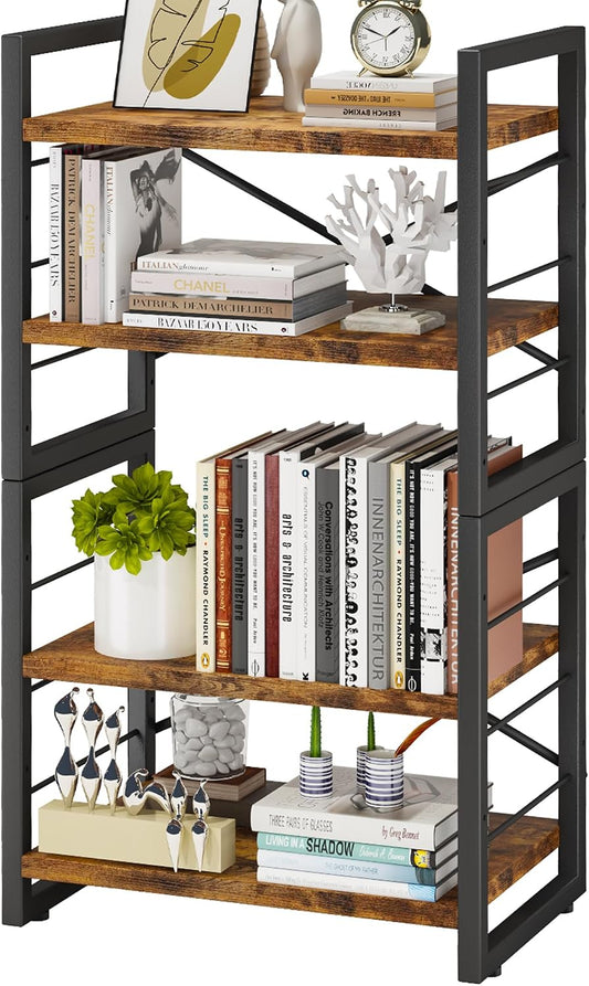 Bookshelf, Dorm Desk Hutch, Desk Shelf Organizer, 4 Tier Stackable Bookcase, Adjustable Industrial Book Shelf Storage Organizer for Desktop, Living Room, Bedroom, Office,Rustic Black and Brown