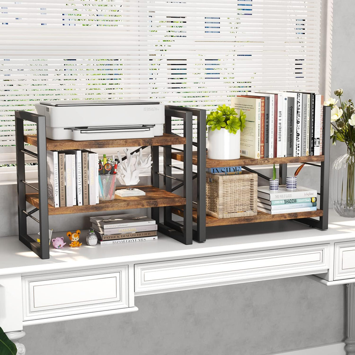 Bookshelf, Dorm Desk Hutch, Desk Shelf Organizer, 4 Tier Stackable Bookcase, Adjustable Industrial Book Shelf Storage Organizer for Desktop, Living Room, Bedroom, Office,Rustic Black and Brown