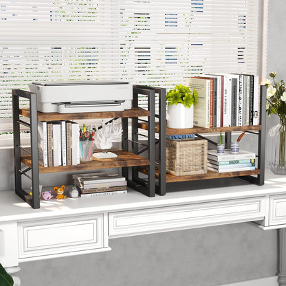 Bookshelf, Dorm Desk Hutch, Desk Shelf Organizer, 4 Tier Stackable Bookcase, Adjustable Industrial Book Shelf Storage Organizer for Desktop, Living Room, Bedroom, Office,Rustic Black and Brown