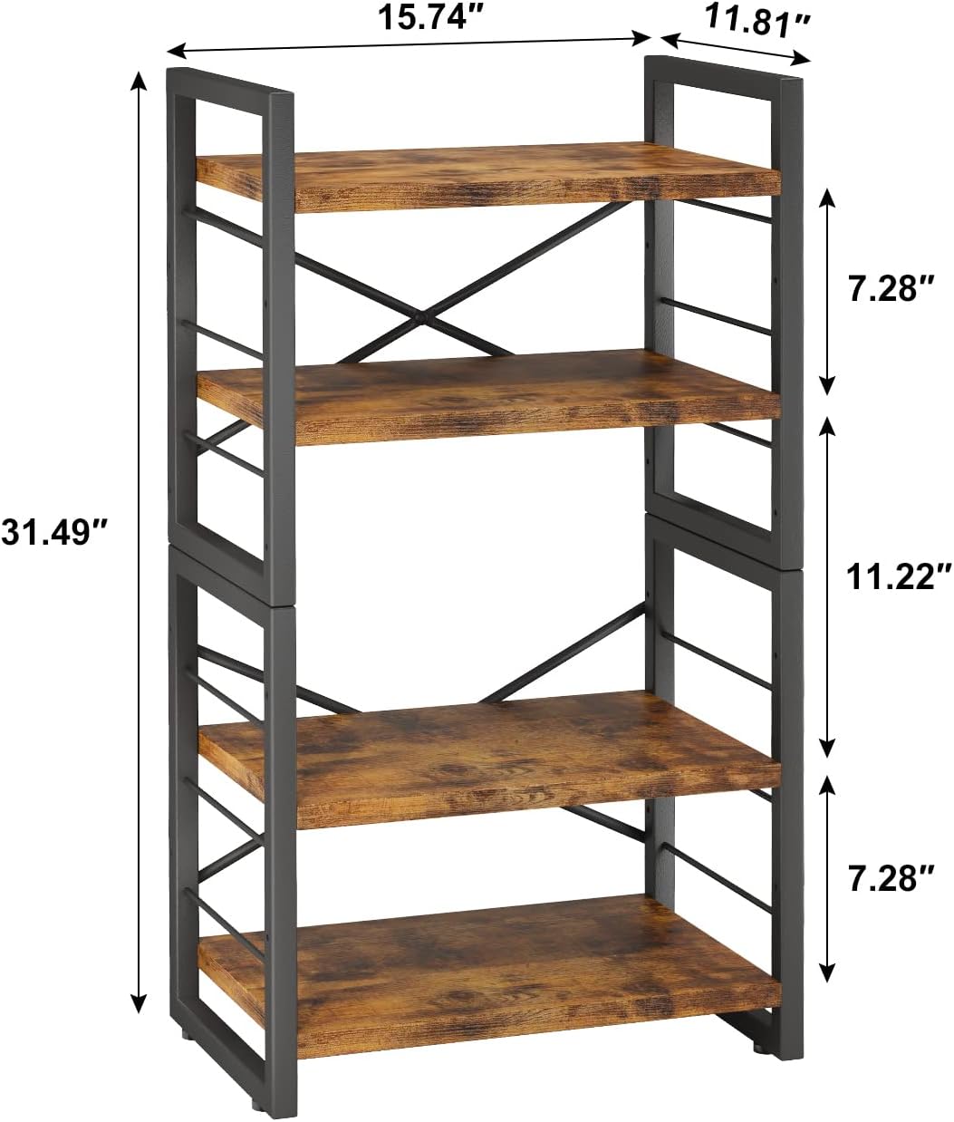 Bookshelf, Dorm Desk Hutch, Desk Shelf Organizer, 4 Tier Stackable Bookcase, Adjustable Industrial Book Shelf Storage Organizer for Desktop, Living Room, Bedroom, Office,Rustic Black and Brown