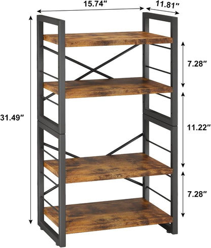 Bookshelf, Dorm Desk Hutch, Desk Shelf Organizer, 4 Tier Stackable Bookcase, Adjustable Industrial Book Shelf Storage Organizer for Desktop, Living Room, Bedroom, Office,Rustic Black and Brown