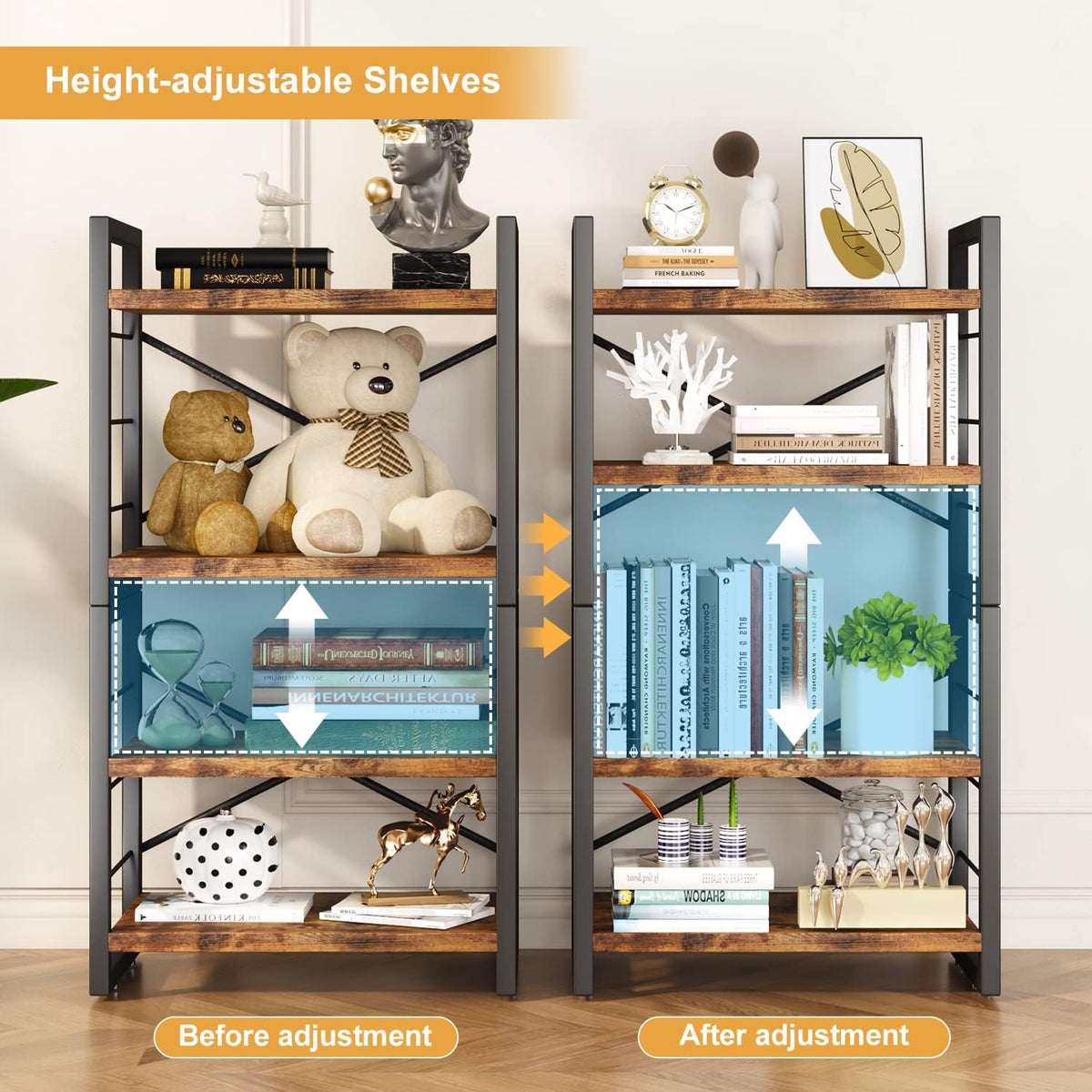 Bookshelf, Dorm Desk Hutch, Desk Shelf Organizer, 4 Tier Stackable Bookcase, Adjustable Industrial Book Shelf Storage Organizer for Desktop, Living Room, Bedroom, Office,Rustic Black and Brown