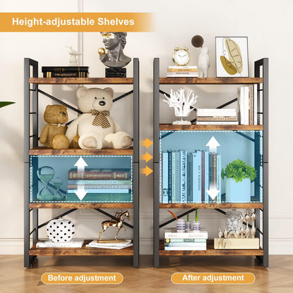 Bookshelf, Dorm Desk Hutch, Desk Shelf Organizer, 4 Tier Stackable Bookcase, Adjustable Industrial Book Shelf Storage Organizer for Desktop, Living Room, Bedroom, Office,Rustic Black and Brown
