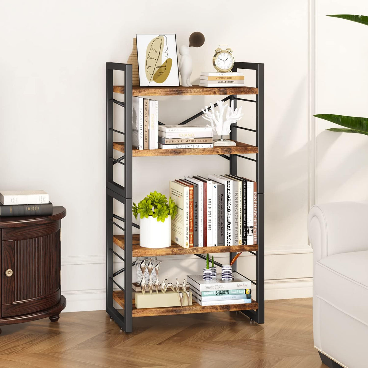Bookshelf, Dorm Desk Hutch, Desk Shelf Organizer, 4 Tier Stackable Bookcase, Adjustable Industrial Book Shelf Storage Organizer for Desktop, Living Room, Bedroom, Office,Rustic Black and Brown
