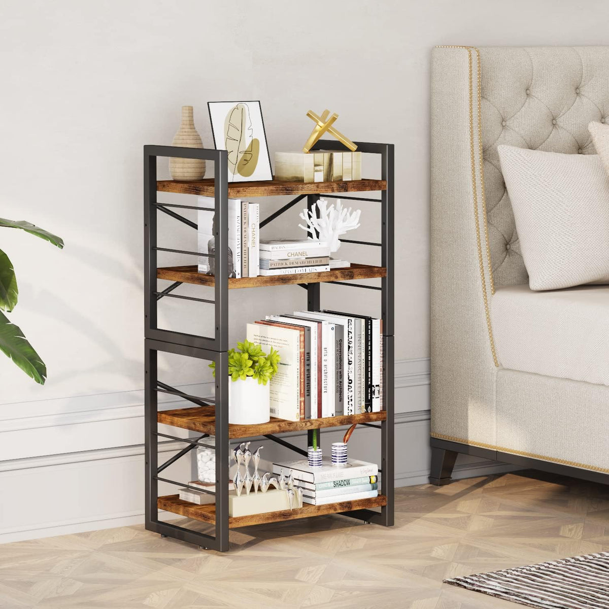 Bookshelf, Dorm Desk Hutch, Desk Shelf Organizer, 4 Tier Stackable Bookcase, Adjustable Industrial Book Shelf Storage Organizer for Desktop, Living Room, Bedroom, Office,Rustic Black and Brown