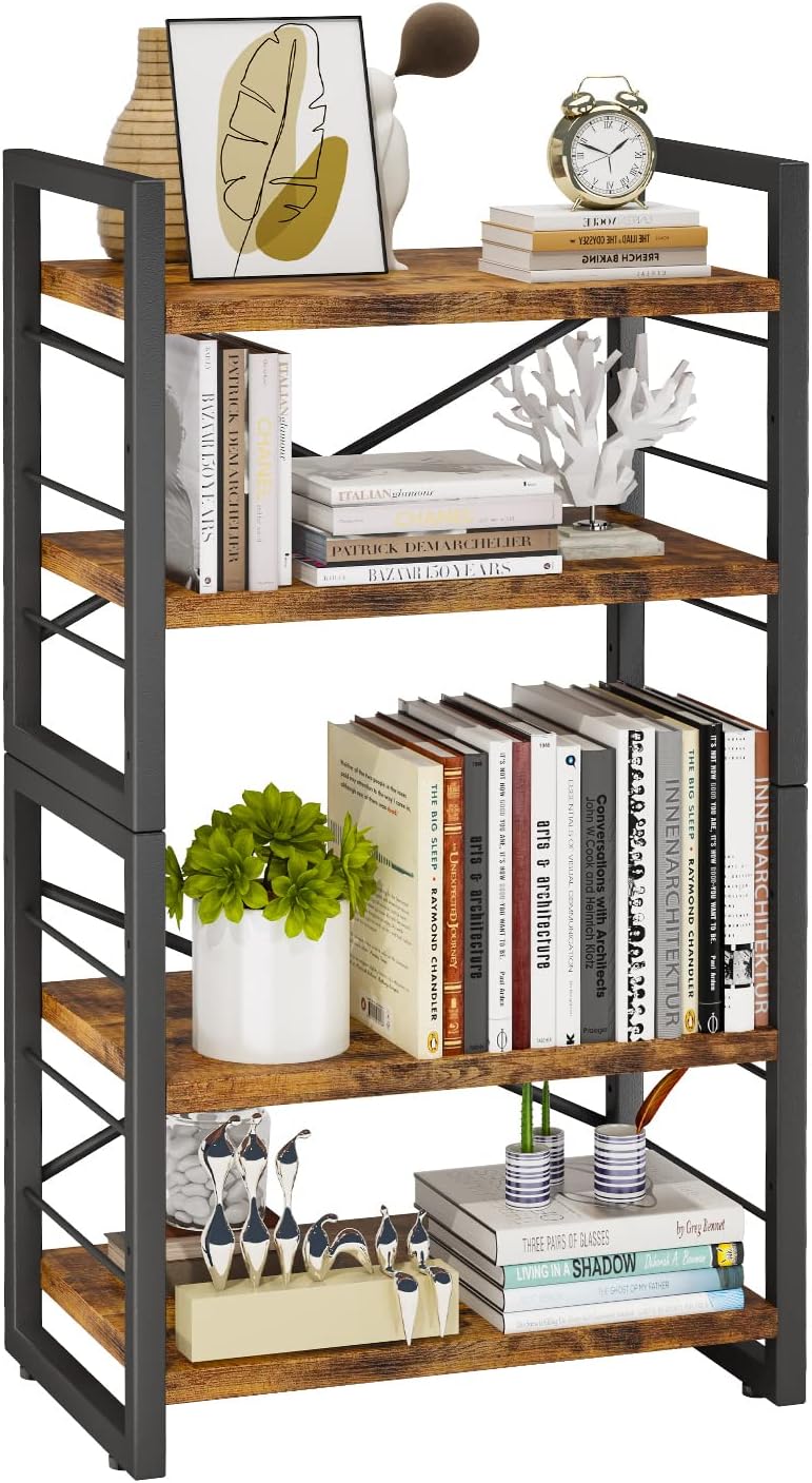 Bookshelf, Dorm Desk Hutch, Desk Shelf Organizer, 4 Tier Stackable Bookcase, Adjustable Industrial Book Shelf Storage Organizer for Desktop, Living Room, Bedroom, Office,Rustic Black and Brown