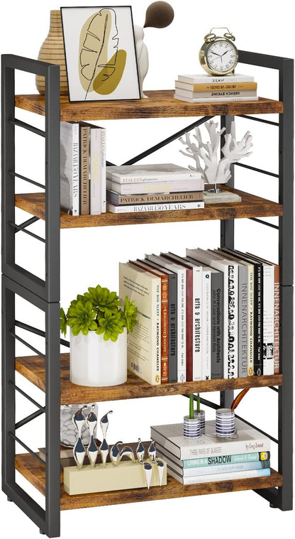 Bookshelf, Dorm Desk Hutch, Desk Shelf Organizer, 4 Tier Stackable Bookcase, Adjustable Industrial Book Shelf Storage Organizer for Desktop, Living Room, Bedroom, Office,Rustic Black and Brown