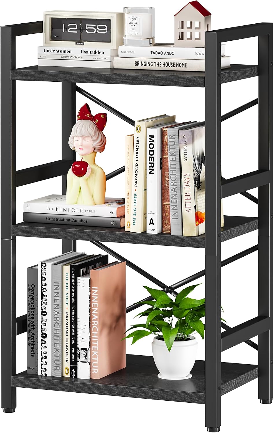 Bookshelf, Dorm Desk Hutch, Desk Shelf Organizer, 4 Tier Stackable Bookcase, Adjustable Industrial Book Shelf Storage Organizer for Desktop, Living Room, Bedroom, Office,Rustic Black and Brown