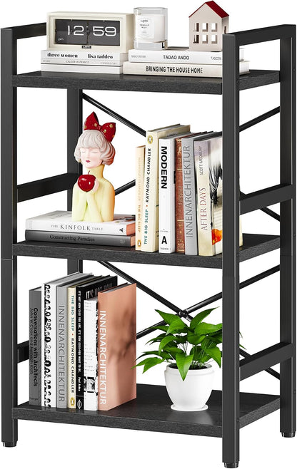 Bookshelf, Dorm Desk Hutch, Desk Shelf Organizer, 4 Tier Stackable Bookcase, Adjustable Industrial Book Shelf Storage Organizer for Desktop, Living Room, Bedroom, Office,Rustic Black and Brown