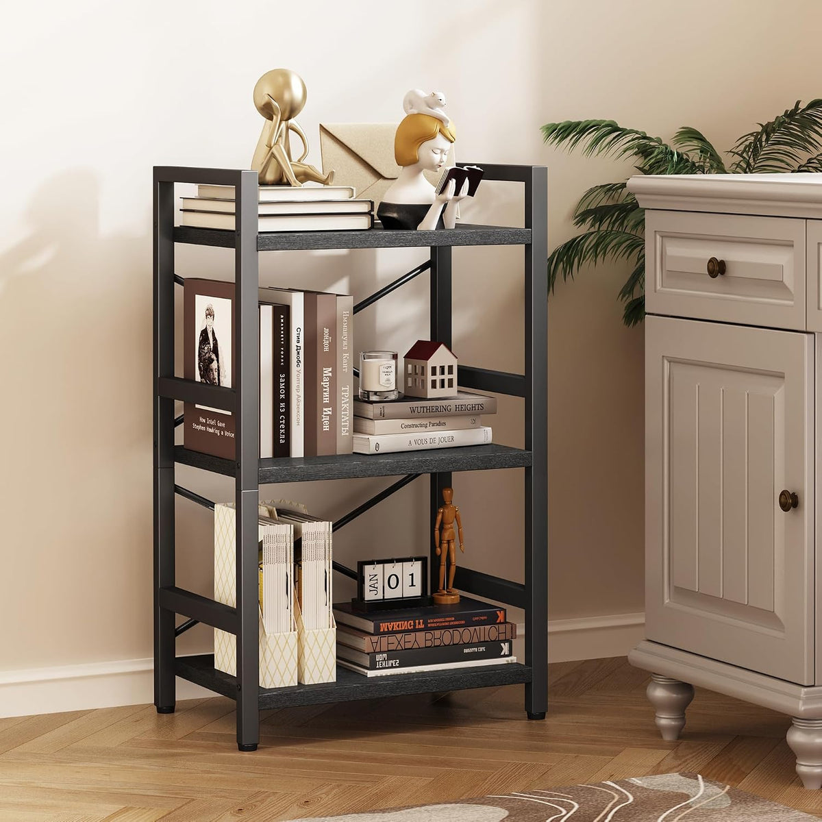 Bookshelf, Dorm Desk Hutch, Desk Shelf Organizer, 4 Tier Stackable Bookcase, Adjustable Industrial Book Shelf Storage Organizer for Desktop, Living Room, Bedroom, Office,Rustic Black and Brown