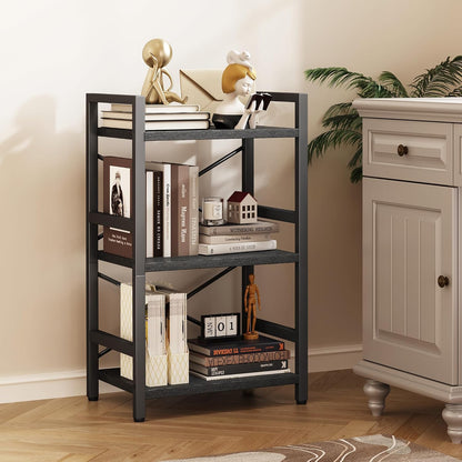 Bookshelf, Dorm Desk Hutch, Desk Shelf Organizer, 4 Tier Stackable Bookcase, Adjustable Industrial Book Shelf Storage Organizer for Desktop, Living Room, Bedroom, Office,Rustic Black and Brown