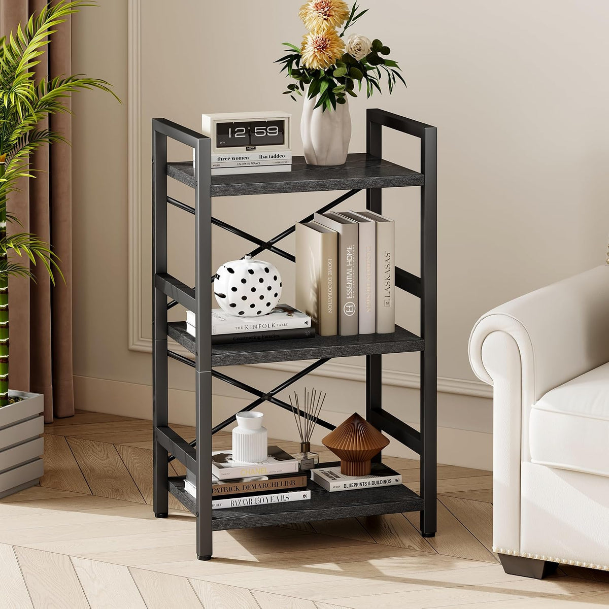 Bookshelf, Dorm Desk Hutch, Desk Shelf Organizer, 4 Tier Stackable Bookcase, Adjustable Industrial Book Shelf Storage Organizer for Desktop, Living Room, Bedroom, Office,Rustic Black and Brown