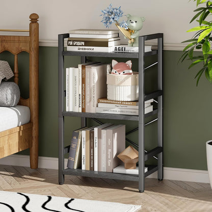 Bookshelf, Dorm Desk Hutch, Desk Shelf Organizer, 4 Tier Stackable Bookcase, Adjustable Industrial Book Shelf Storage Organizer for Desktop, Living Room, Bedroom, Office,Rustic Black and Brown