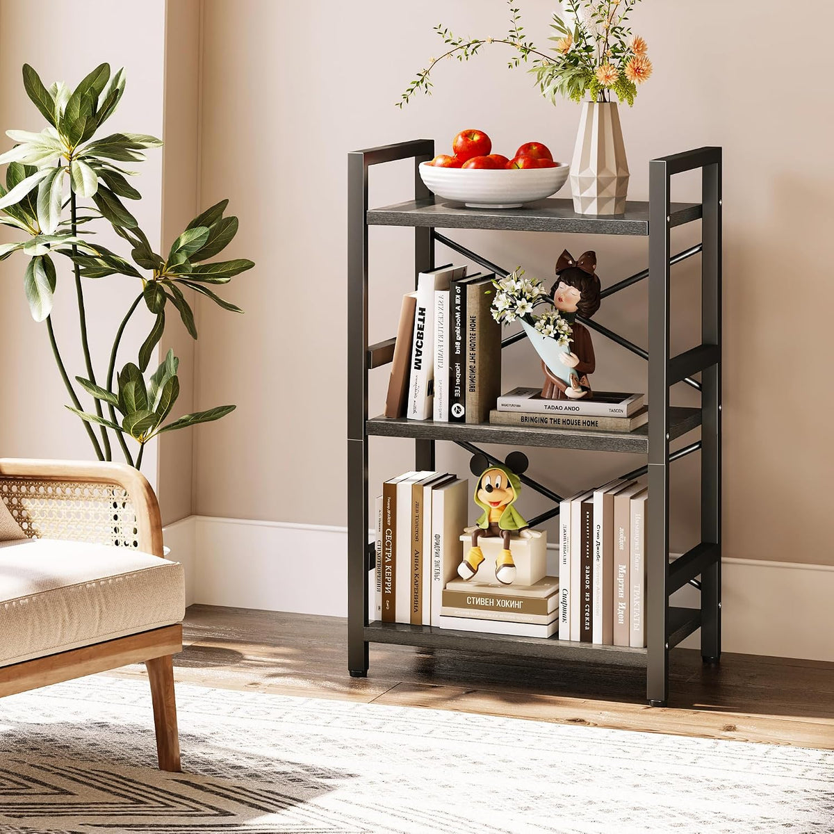 Bookshelf, Dorm Desk Hutch, Desk Shelf Organizer, 4 Tier Stackable Bookcase, Adjustable Industrial Book Shelf Storage Organizer for Desktop, Living Room, Bedroom, Office,Rustic Black and Brown