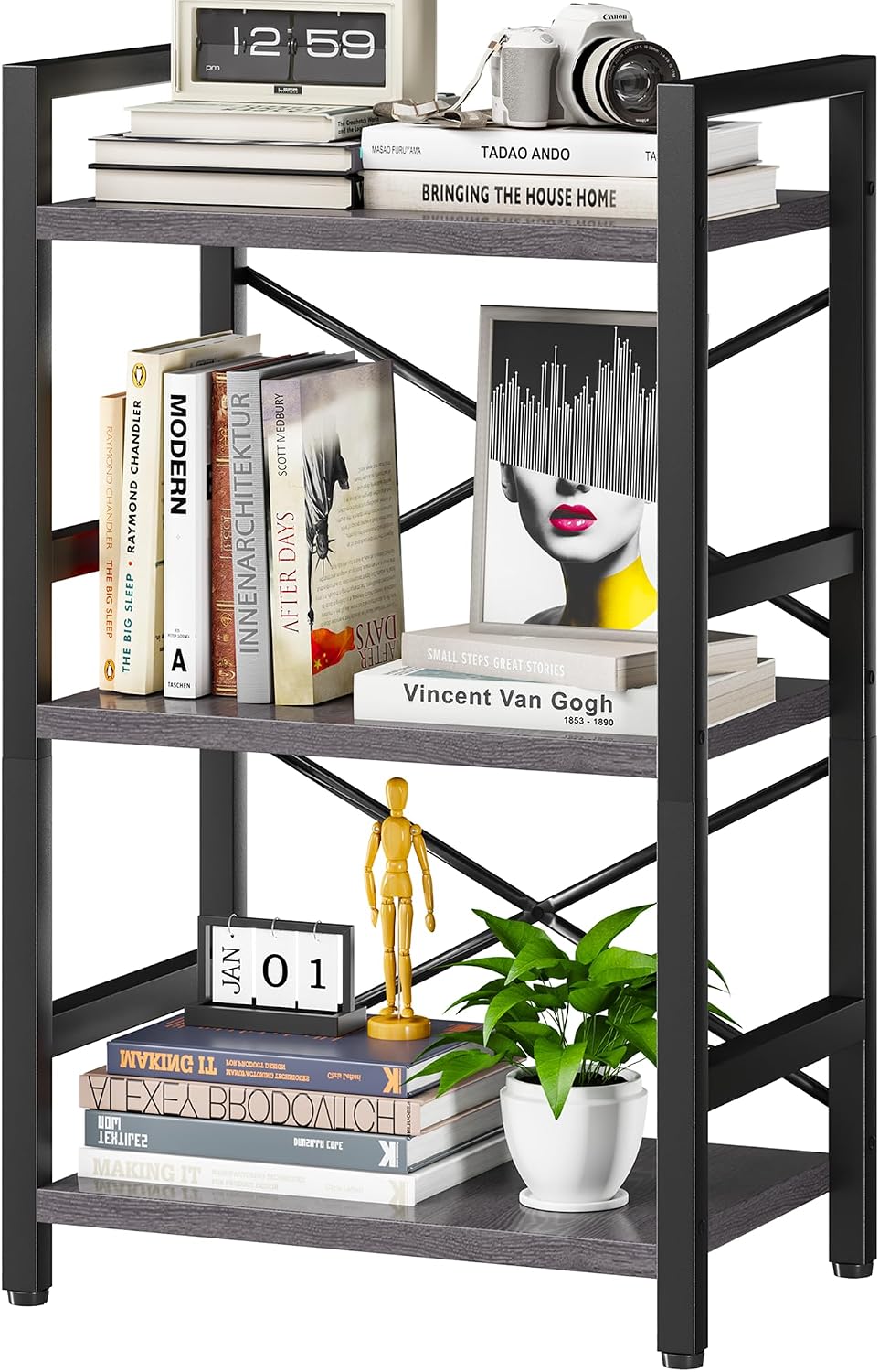 Bookshelf, Dorm Desk Hutch, Desk Shelf Organizer, 4 Tier Stackable Bookcase, Adjustable Industrial Book Shelf Storage Organizer for Desktop, Living Room, Bedroom, Office,Rustic Black and Brown