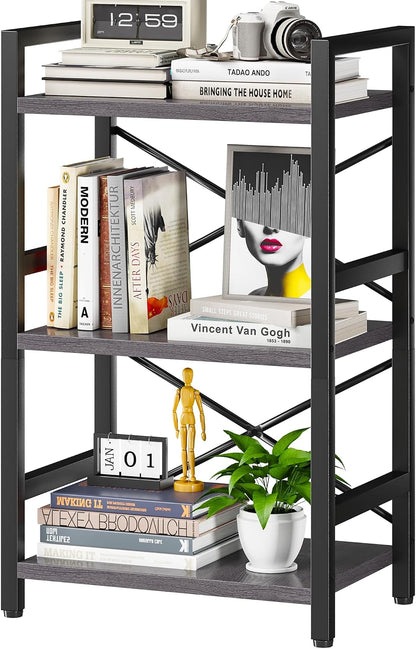 Bookshelf, Dorm Desk Hutch, Desk Shelf Organizer, 4 Tier Stackable Bookcase, Adjustable Industrial Book Shelf Storage Organizer for Desktop, Living Room, Bedroom, Office,Rustic Black and Brown