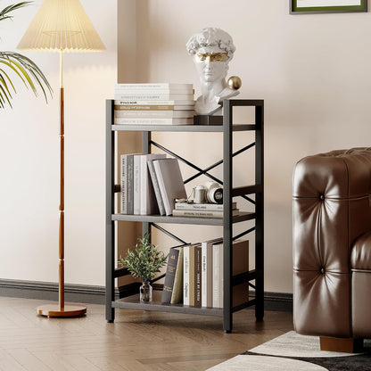 Bookshelf, Dorm Desk Hutch, Desk Shelf Organizer, 4 Tier Stackable Bookcase, Adjustable Industrial Book Shelf Storage Organizer for Desktop, Living Room, Bedroom, Office,Rustic Black and Brown