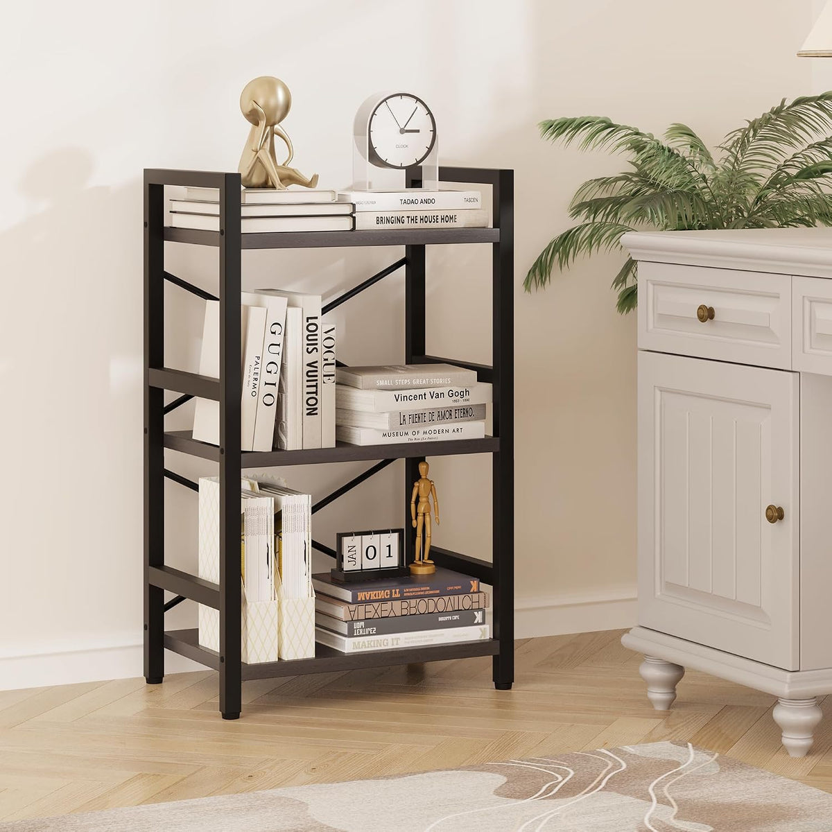 Bookshelf, Dorm Desk Hutch, Desk Shelf Organizer, 4 Tier Stackable Bookcase, Adjustable Industrial Book Shelf Storage Organizer for Desktop, Living Room, Bedroom, Office,Rustic Black and Brown