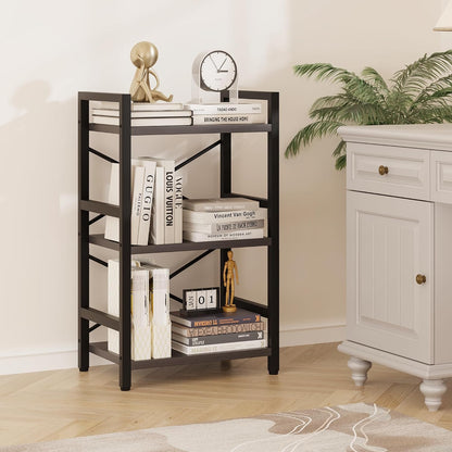 Bookshelf, Dorm Desk Hutch, Desk Shelf Organizer, 4 Tier Stackable Bookcase, Adjustable Industrial Book Shelf Storage Organizer for Desktop, Living Room, Bedroom, Office,Rustic Black and Brown