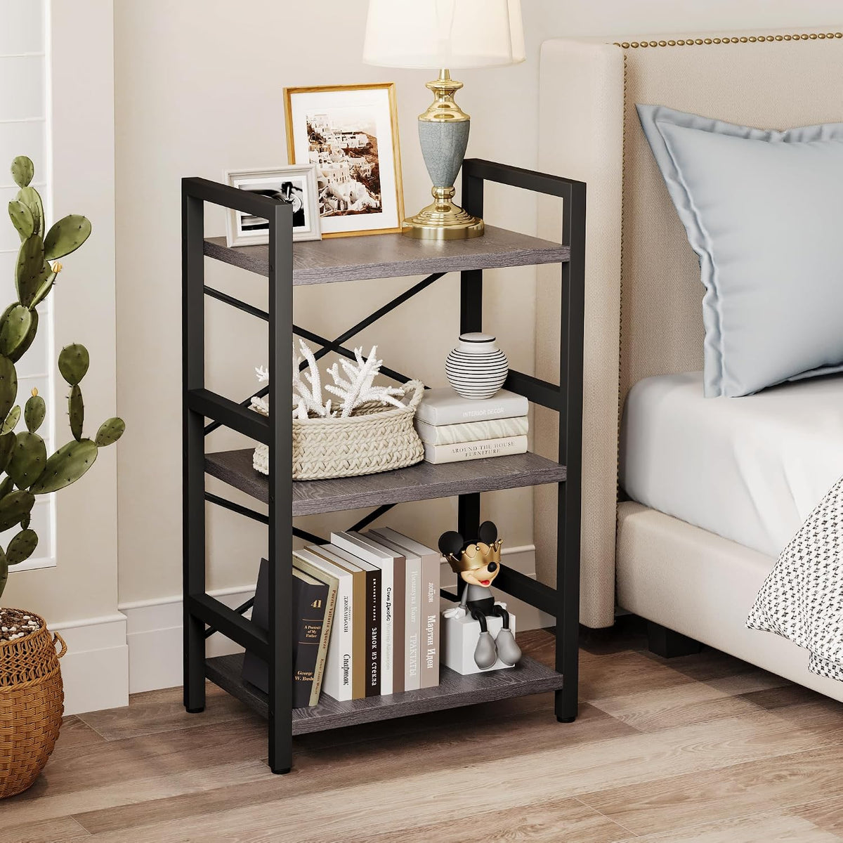 Bookshelf, Dorm Desk Hutch, Desk Shelf Organizer, 4 Tier Stackable Bookcase, Adjustable Industrial Book Shelf Storage Organizer for Desktop, Living Room, Bedroom, Office,Rustic Black and Brown