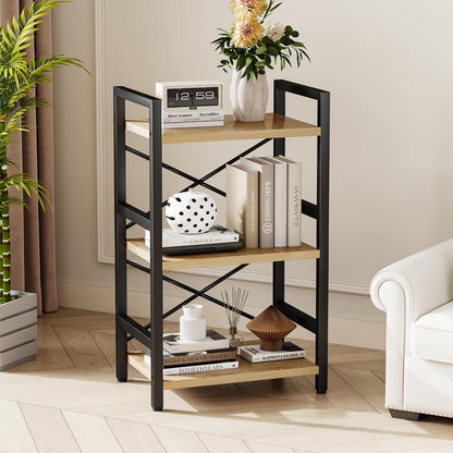 Bookshelf, Dorm Desk Hutch, Desk Shelf Organizer, 4 Tier Stackable Bookcase, Adjustable Industrial Book Shelf Storage Organizer for Desktop, Living Room, Bedroom, Office,Rustic Black and Brown