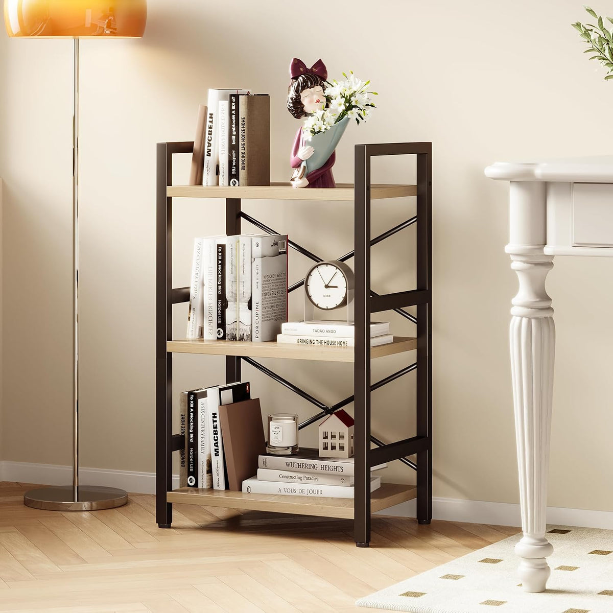 Bookshelf, Dorm Desk Hutch, Desk Shelf Organizer, 4 Tier Stackable Bookcase, Adjustable Industrial Book Shelf Storage Organizer for Desktop, Living Room, Bedroom, Office,Rustic Black and Brown