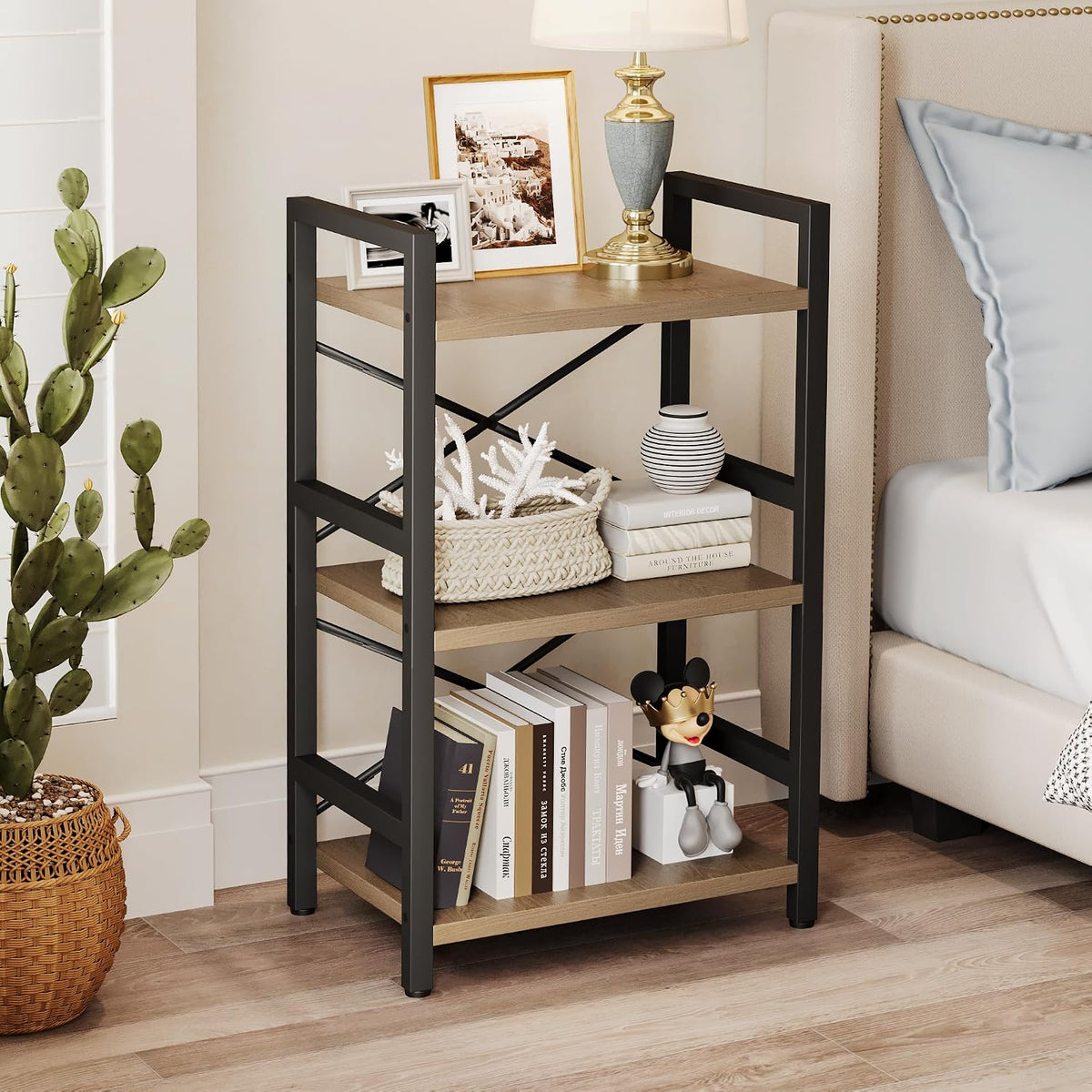 Bookshelf, Dorm Desk Hutch, Desk Shelf Organizer, 4 Tier Stackable Bookcase, Adjustable Industrial Book Shelf Storage Organizer for Desktop, Living Room, Bedroom, Office,Rustic Black and Brown