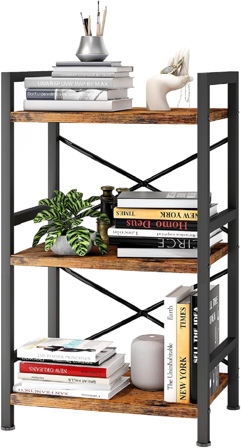 Bookshelf, Dorm Desk Hutch, Desk Shelf Organizer, 4 Tier Stackable Bookcase, Adjustable Industrial Book Shelf Storage Organizer for Desktop, Living Room, Bedroom, Office,Rustic Black and Brown