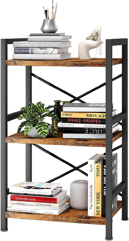 Bookshelf, Dorm Desk Hutch, Desk Shelf Organizer, 4 Tier Stackable Bookcase, Adjustable Industrial Book Shelf Storage Organizer for Desktop, Living Room, Bedroom, Office,Rustic Black and Brown