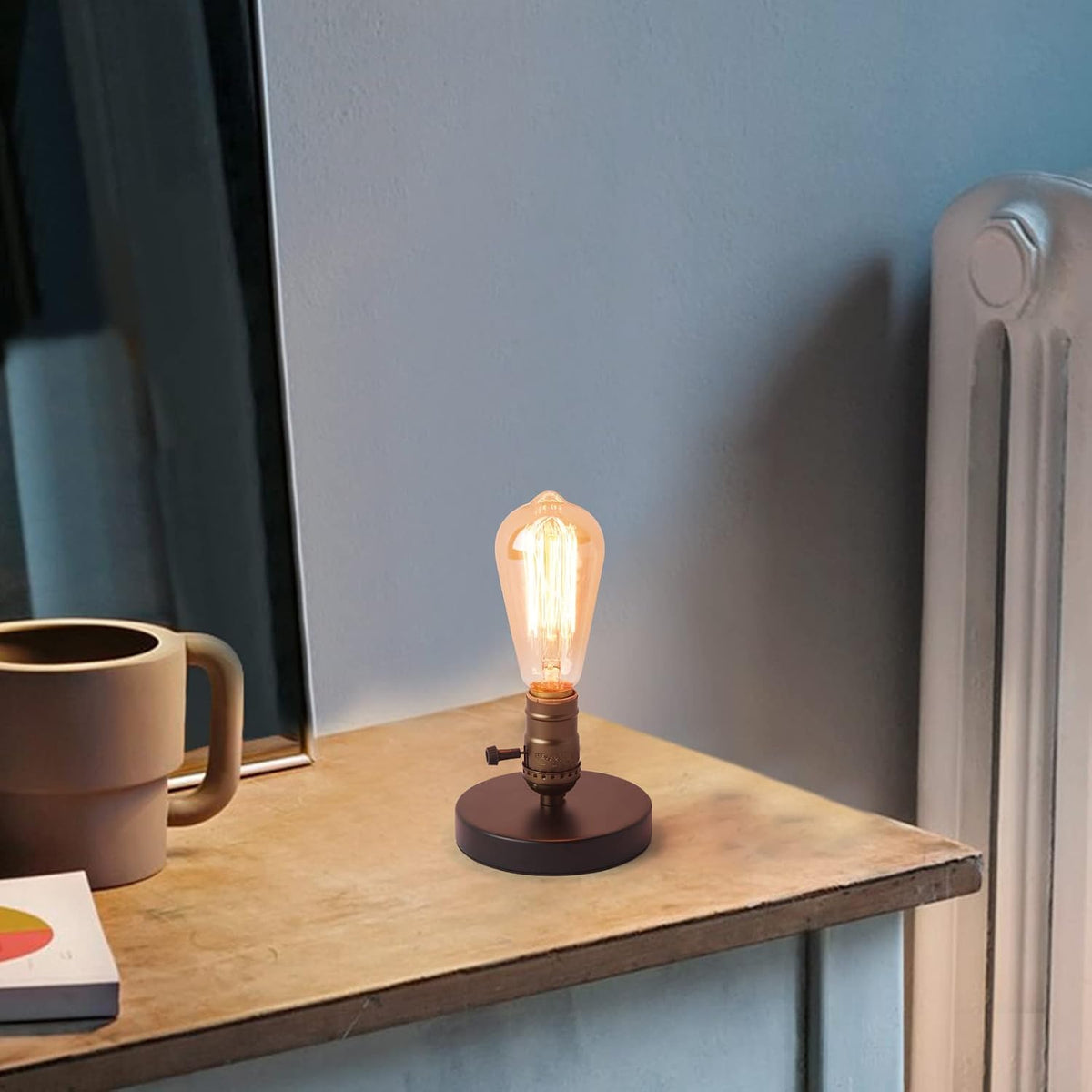 Small Wood Table Lamp Edison Bulb Dimmable Desk Lamp E26 60W Industrial Night Light Boho Deco for Bedroom, Living Room or Office(No Bulb)