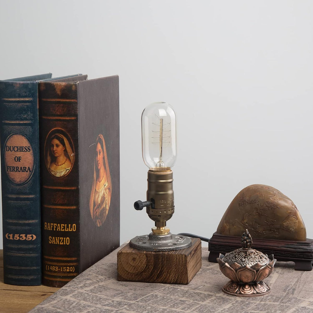 Small Wood Table Lamp Edison Bulb Dimmable Desk Lamp E26 60W Industrial Night Light Boho Deco for Bedroom, Living Room or Office(No Bulb)